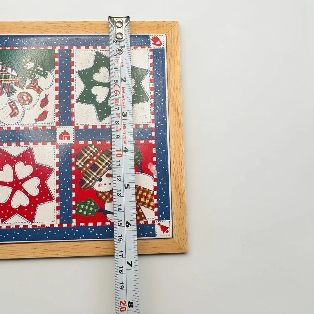 Hallmark Cards Christmas Ceramic Quilt Design With Wood Trim Trivet Vintage